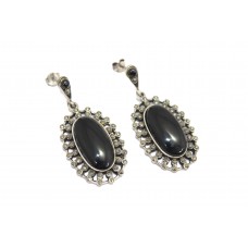 Dangle Handmade Earrings Women 925 Sterling Silver Black Onyx Marcasite Stones G